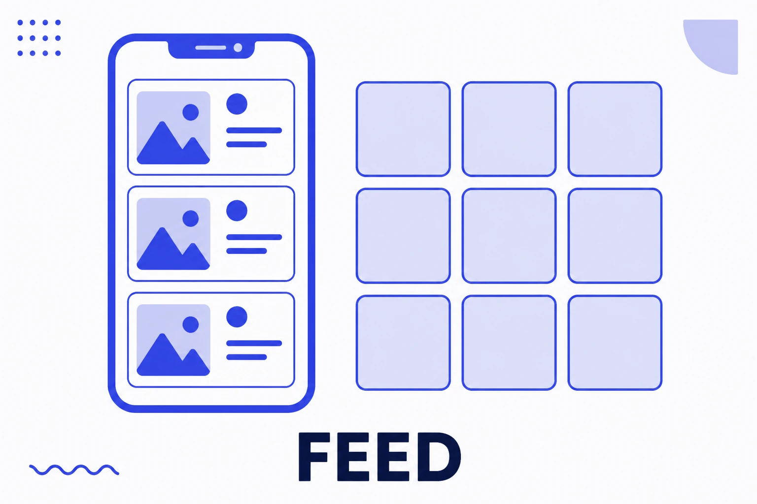Illustration of the Instagram feed, with a timeline and a profile grid