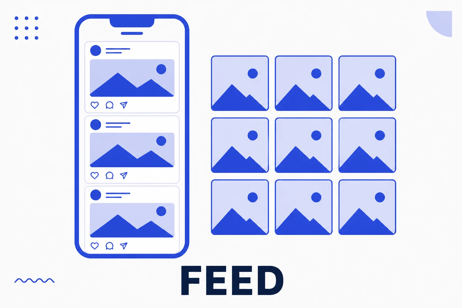 Ilustración del feed de Instagram, con una línea de tiempo y una cuadrícula de perfil